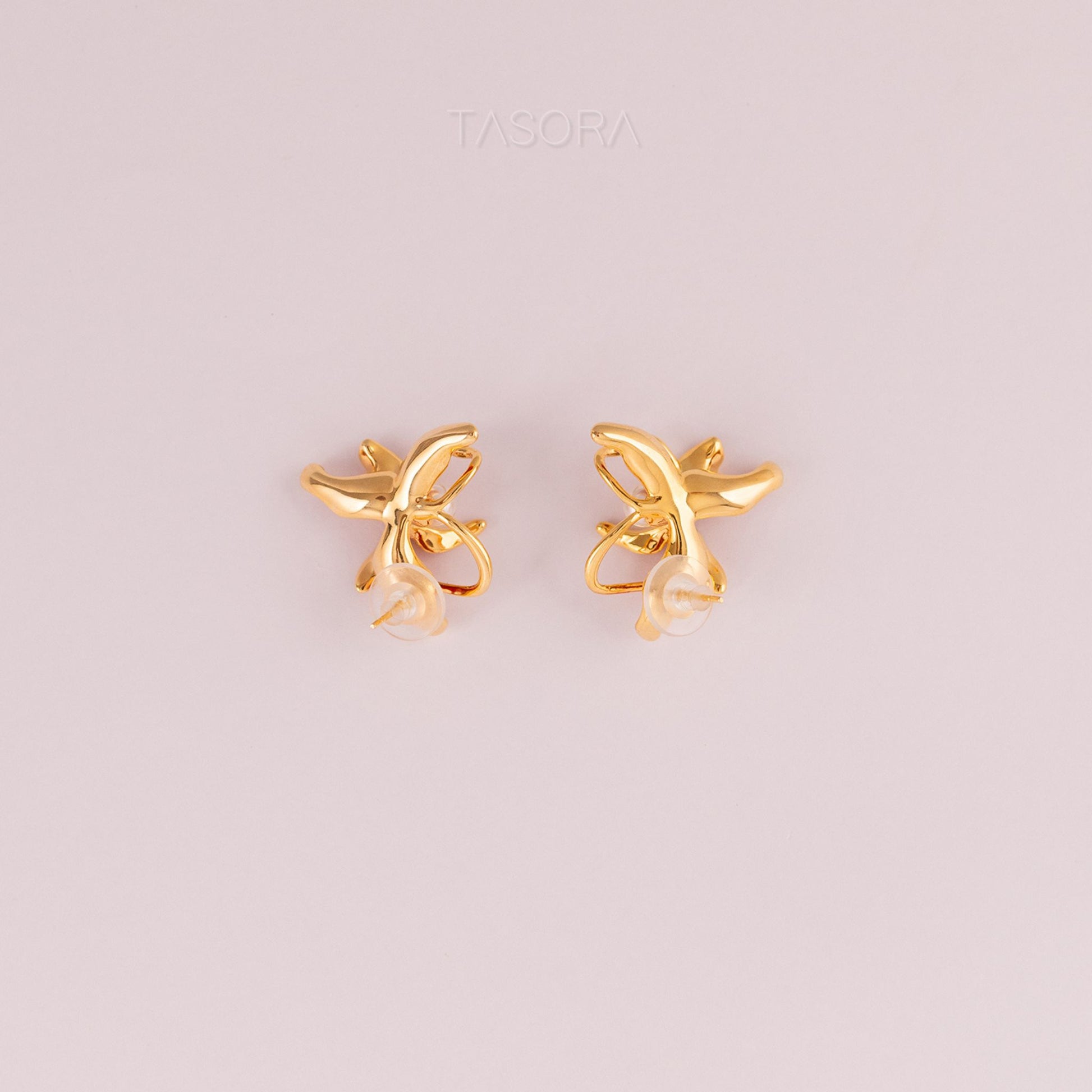 Back side of Dancing Flamenco Crimson earrings on a light gray background with TASORA Branding