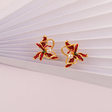 Dancing Flamenco Crimson earrings of TASORA brand on a white texture background