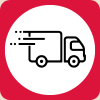 Truck symbol for Free Shipping in white circle with red background