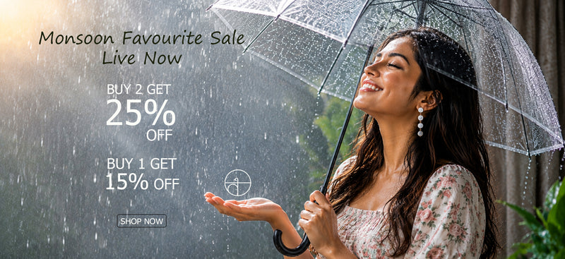A woman holding a clear umbrella in the rain, smiling and looking upward, with promotional sale text overlaid on the left side of the image.
