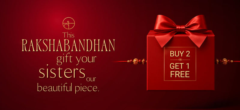 A promotional graphic for a Rakshabandhan gift set on a deep red background. On the left, gold text reads, 'This RAKSHABANDHAN gift your sisters our beautiful piece.
