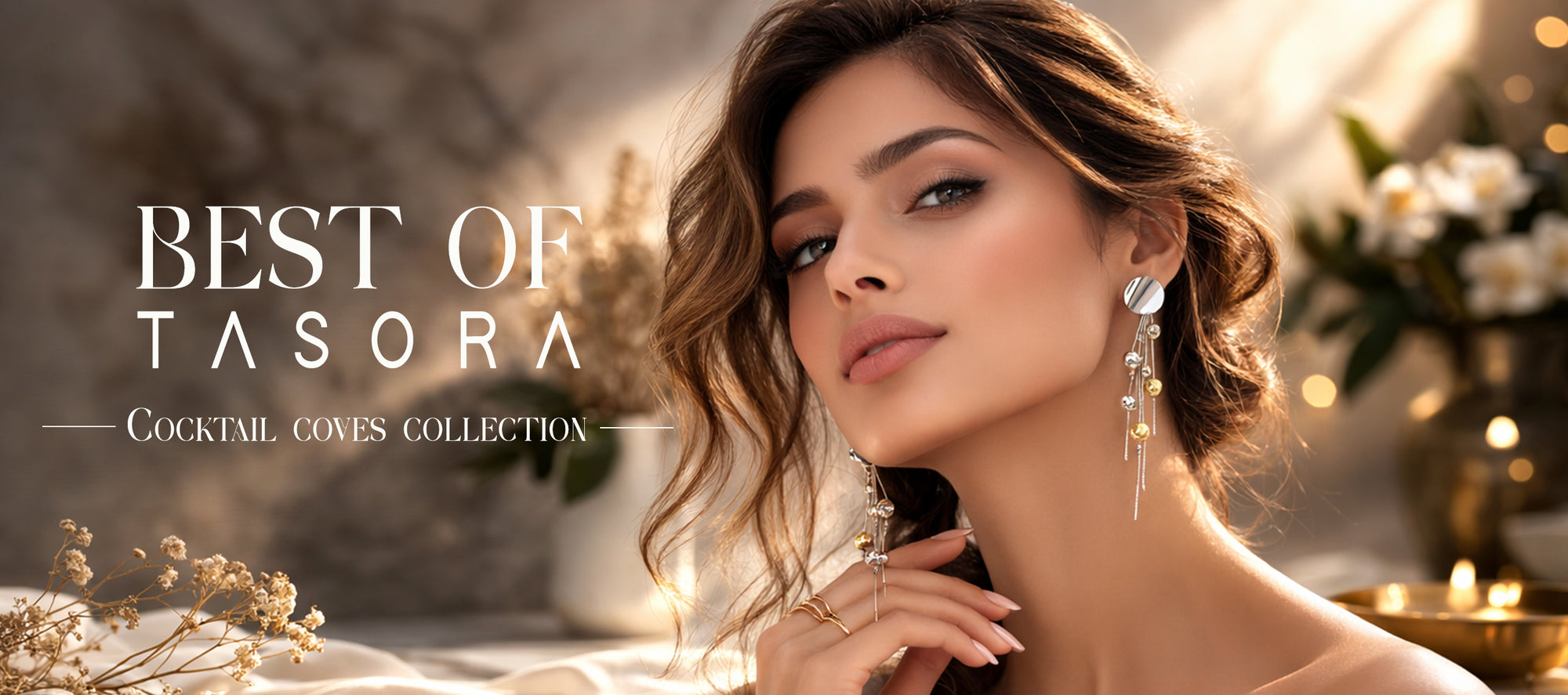 Woman wearing earrings with 'Best of Tasora' text and 'Cocktail Covers Collection' text.