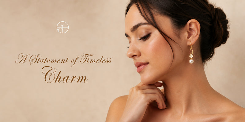 Woman wearing pearl earrings with a beige background and text 'A Statement of Timeless Charm'.