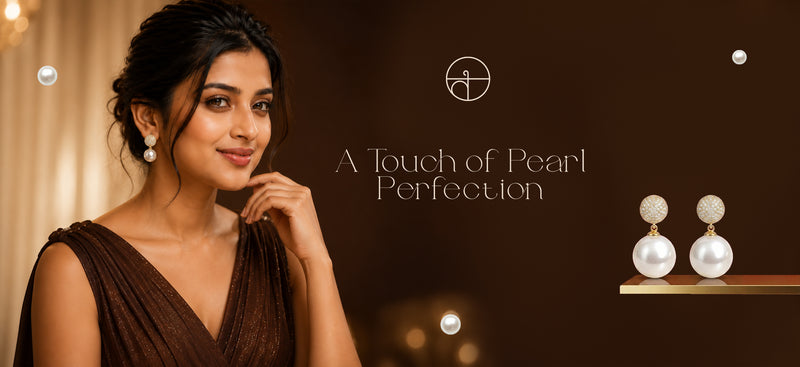 Woman wearing pearl earrings with 'A Touch of Pearl Perfection' text and brand logo.