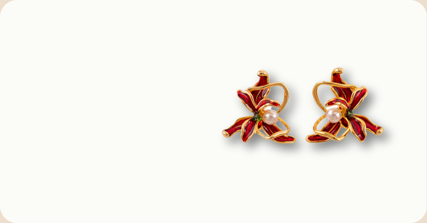 TASORA Pair of earrings with red and golden butterfly design on a white background
