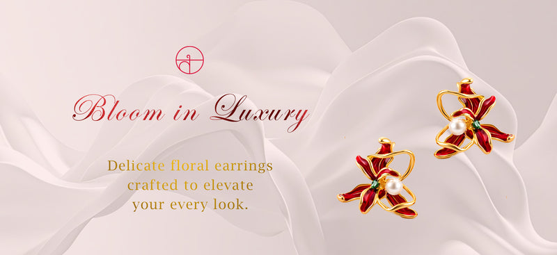 Delicate floral earrings with pearls on a soft fabric background, featuring the brand 'Bloom in Luxury'.