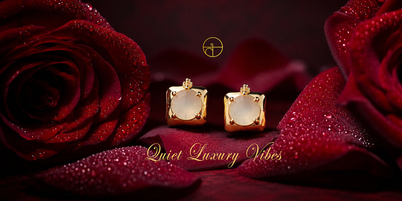 Gold earrings on red fabric with red roses, brand logo, and text 'Quiet Luxury Vibes'.